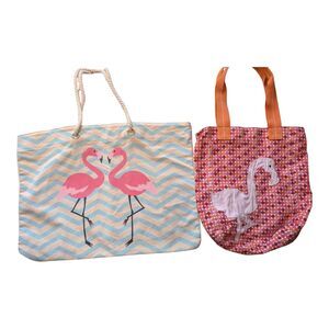 Pink Flamingo Totes Lot Of 2 Beach Pool Casual Colorful Summer Fun Bags